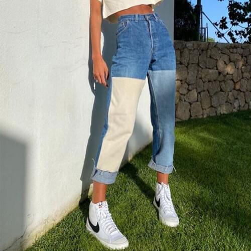 Womens Jeans Washed Stitching Contrast Color Womens Jeans Trousers High Waisted Jeans
