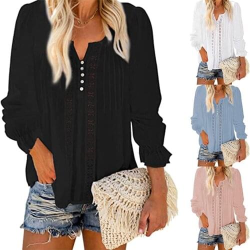 Hirigin Women Shirts Casual V-neck Buttons Blouses Tops 2021 Long Sleeve Solid Color Hollow Out Cotton Linen Ruffles Shirts New