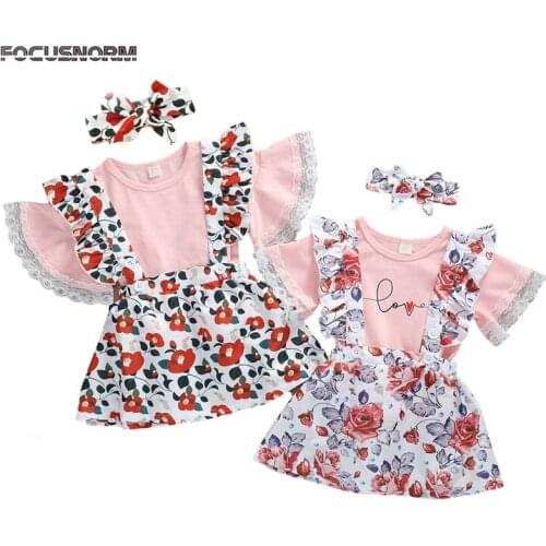 FOCUSNORM 1-5Y Toddler Baby Girls Clothes Sets Flowers Print Lace Ruffles Sleeve T Shirts Tops Bib Strap Dress+Headband