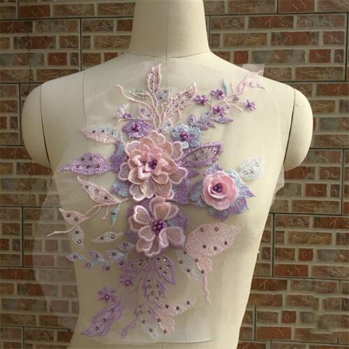 1 Piece 23.5*40cm New 3D Flower Embroiderey Large Lace Applique Sequin Floral Lace Trim Sewing Wedding Dress Clothing Curtain