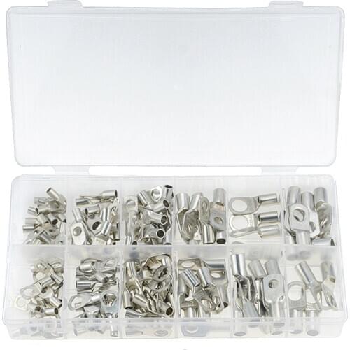 170PCS/BOX Assortment SC Bare Tinned Copper Lug Terminals Ring Seal Wire Connectors Bare Cable Crimped Soldered Terminal Kit