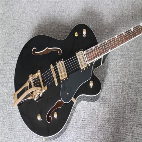2021!China OEM powers customs shop Black color Hollow Jazz Electric Guitar with Bigsby Tremolo two styles tuner Case