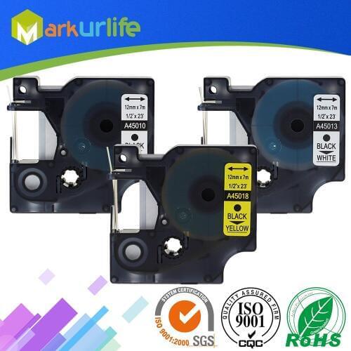 3 PCS Label Maker for DYMO Self-Adhesive D1 Tape 45013, 45018, 45010(12mm*7m) Black on White, Yellow, Clear with factory price