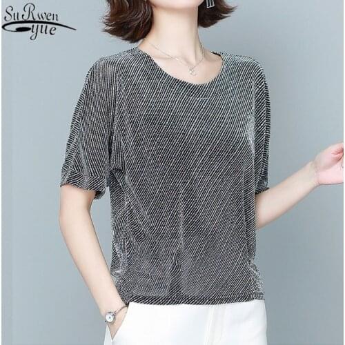 Oversize Summer Blouse Womens Shirt Loose Top Short Sleeve Blouses for Women Sequin Shinny Shirt Office Lady Shirt 13713