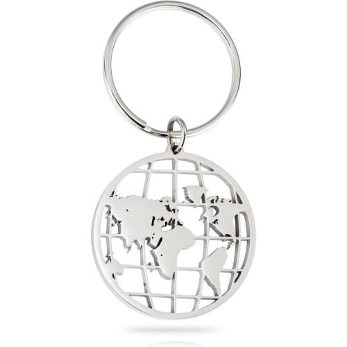 2Pcs/Lot Stainless Steel Mirror Polish Hollow World Map Keychain Key Ring For Women Men Jewelry Gifts
