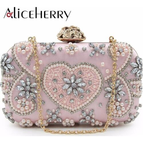 Design Evening Bag Handmade Emerald Gold Pink Heart Crystal Luxury Clutch Bag Diamond Ladies Handbags Party Wedding Purse