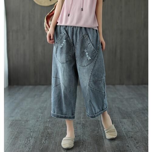 Women Jeans Summer Elastic Waist Retro Loose Denim Pants 2020 New Casual Female Vintage pocket Spliced All-match Trousers