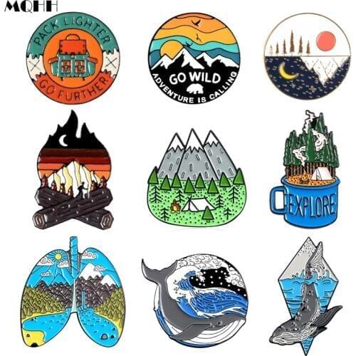 Cartoon round sun sunrise mountain peak bird fire pin nature woods sea wave whale enamel brooch badge punk jewelry gift for kid