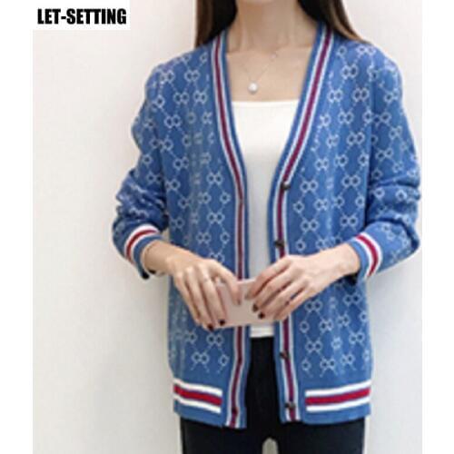 Spring autumn Korean long sleeve striped knitted cardigan cotton buttons luxury short knit cardigan female v-neck letter sweater