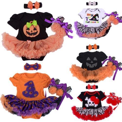 Halloween Baby Girl Clothing Sets Pumpkin Romper Dress Jumpersuit+Headband+Shoes 3pcs Suit Bebe Infant Festival Costumes