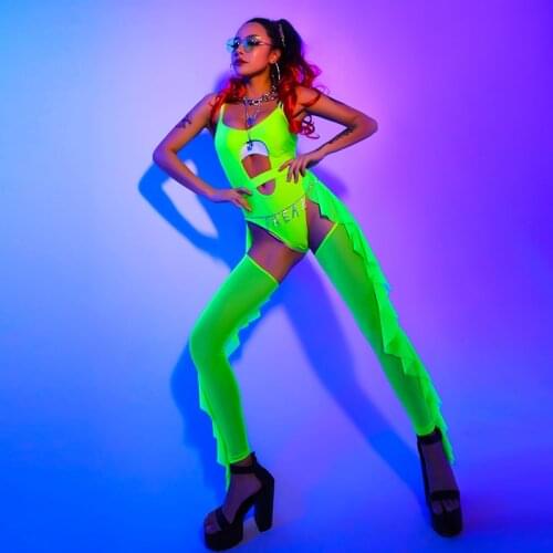 Female Sexy Outfits For Women FluorescenGreen Hip Hop Suit Nightclub Dj Bar Gogo Dance Stage Costumes Pole Dance Clothes DQS6166