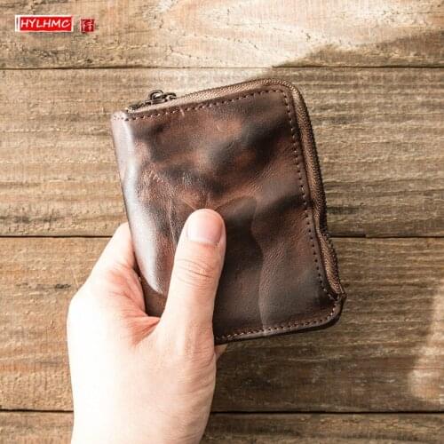 Retro Leather Zipper Wallet Men Mini Purse Card Holder Drivers License Women Vertical Young Wallet First Layer Cowhide Original