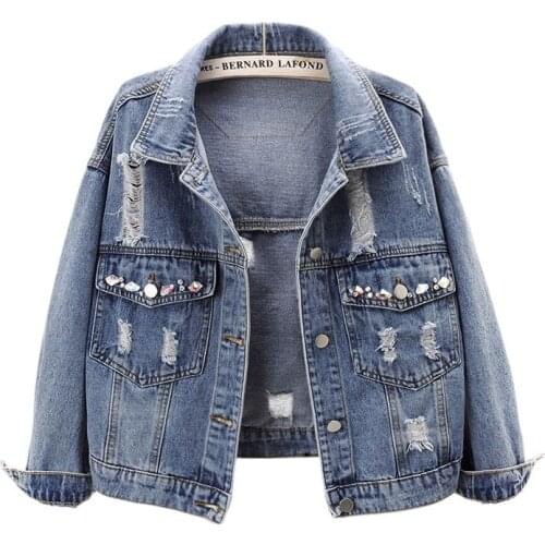 Spring Autumn Vintage Blue Diamonds Holes Denim Jacket Women Boyfriend Outerwear Big size Loose Short Jeans Jacket Coat Female