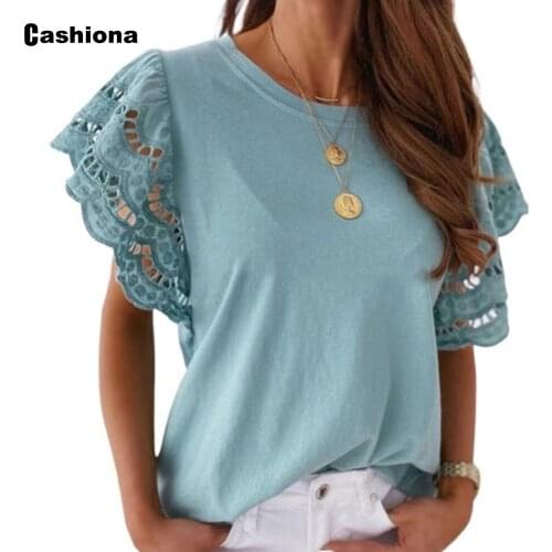 Cashiona 2021 Summer New Patchwork Lace Tops Women Butterfly Sleeve Classic Simple T-Shirt Solid Casual Loose Female Tees Shirt