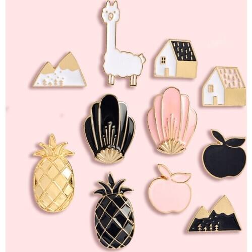 Cartoon Alpaca Metal Enamel Brooch Cute Rural House Mountain Apple Pineapple Badge Fun Trendy Costume Backpack Children Jewelry