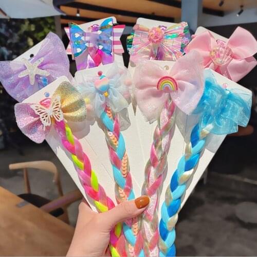 Cute Kids Cartoon Chiffon Bow Hair Accessories Braided Wig For Girl Headbands Rubber Bands Beauty Headwear Princess Jewelry