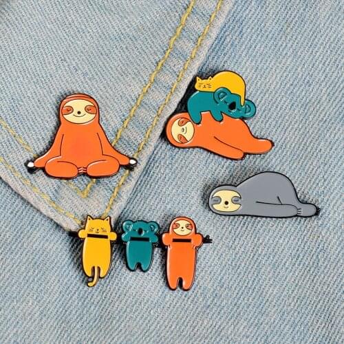Cute Fun Sloth Enamel Pin Custom Lazy Animal Koala Cat Pin Lapel Pin Denim Jeans Cartoon Jewelry Wholesale Gift for Kids
