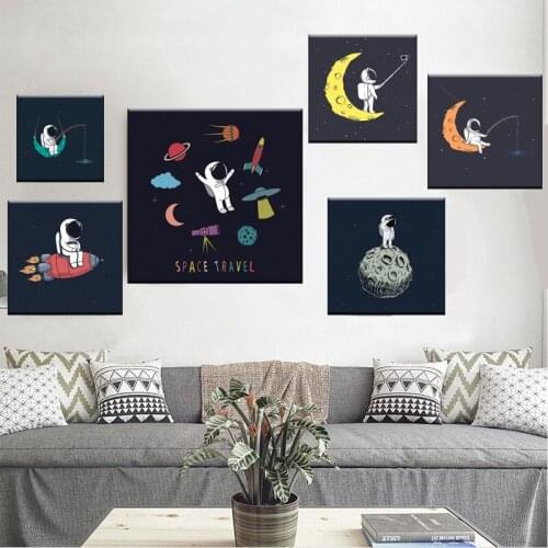 Cartoon Universe Astronaut Wall Art Canvas Prints Astronomy Decor Astronaut illustration Art Painting Wall Decor for Living Room