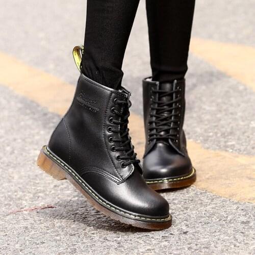 Mens Motorcycle Boots Casual Shoes Women Black Leather Ankle Boots Couple Fashion Streetwear Winter Warm Plush Lace Up Shoes