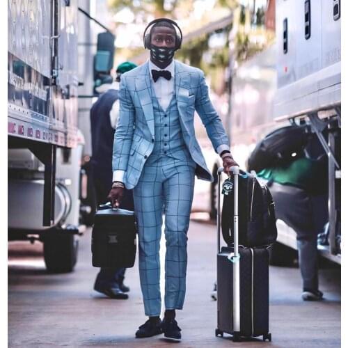 Light Sky Blue Damier Check Mens Suit Slim Fit Wedding Blazers Three Pieces Male Tuxedos Groom Wear Prom Jackets Vest And Pants