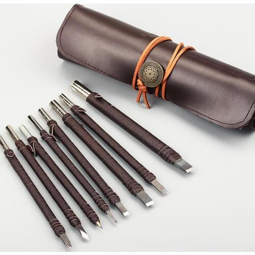 New Hand Tools Tungsten Steel Carving Knife Set Seal Stone Graver Lettering Engraving Tool with Leather Handle+ Leather Bag