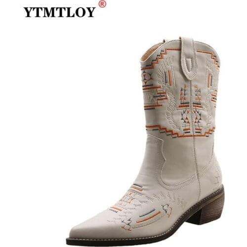 New Brand Embroidered Western Cowboy Boots for Women Square Med Heels Pointy Toe High Quality Knee High Boot Women Shoe