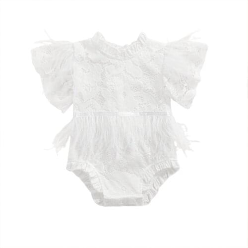 New Toddler Short Sleeve Romper, Feather Lace Decoration Sweet Style Ruffle Flowers Spring Clothing
