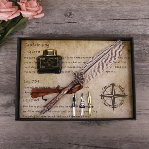 Antique Quill Feather Dip Pen Writing Ink Set Stationery Gift Box Fountain Pen