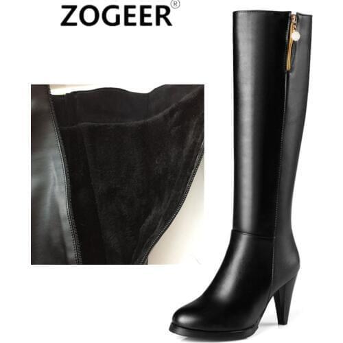 Fashion Knee High Boots Women Fur Winter Shoes Womens High Snow Boots Heeled Zipper Black Warm Long Shoes Woman Large Size 45