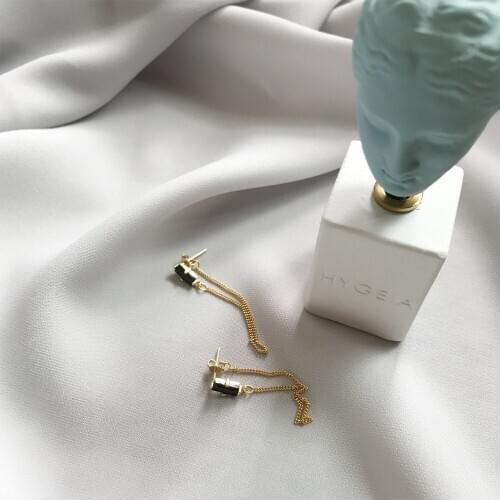 Authentic 925 Sterling silver Gold Rectangle Black Zirconia aaa+ dangle Tassel Earrings Geometric FINE jEWELRY E495