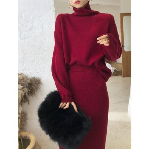 Autumn and winter new red female turtleneck sweater loose thick cashmere suit skirt two-piece suit knitted cashmere suit