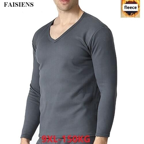 FAISIENS Winter Men Fleece Warm Thermal Underwear Tops Long Sleeve Thick Tshirt Big 6XL 7XL Man Large Size 8XL 9XL T-Shirt Black