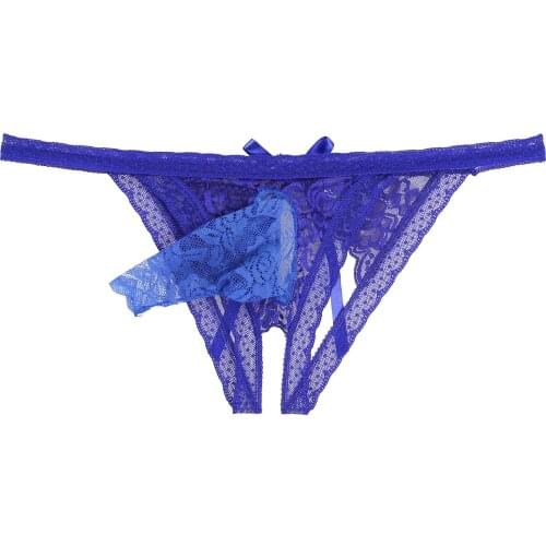Men See-through Mesh Bulge Pouch Panties Crotchless Lace G-string Low Waist Bowknot Open Butt T-back Sissy Underwear Nightwear