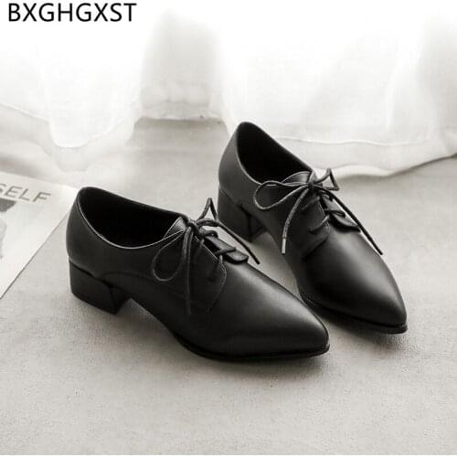Leather Oxford Shoes Women Pumps Pointed Toe Black Office Shoes for Women Block Heels Classic Women Shoes Casual Square Heels