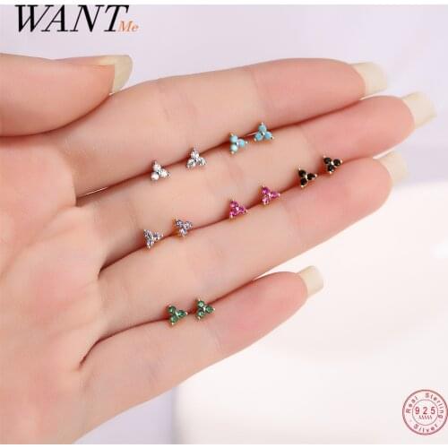 WANTME 925 Sterling Silver Trend Korean Color Zircon Clover Flower Small Stud Earrings for Women Teen Romantic Party Jewelry