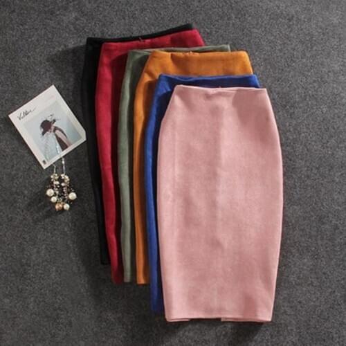 Half-length Skirt Ladies Suede Solid Color Pencil Female Autumn And Winter High Waist Bodycon Retro Split Thick Stretch Skirt