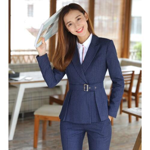 High Quality Fiber - Women Blazers and Jackets Blue Striped Ladies Work Wear Business Clothes Female Office Uniform Designs