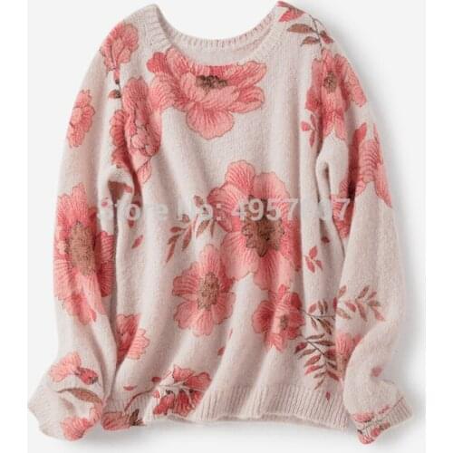 ElfStyle Mohair Jumper Pink Flower Chic O Neck Jumper - Women O Neck Leonard Multicoloured Jacquard Sweet Sweater Pullover Top