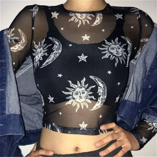 Mesh Sheer Crop Tops T-shirt Women 2021 Summer Long Sleeve See-through Sexy T-shirt Vintage Printed Punk Club Tee Tops Female