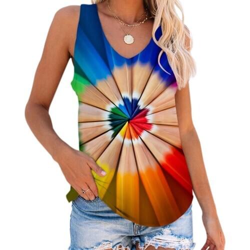 Women Fashion V Neck Sleeveless Tie Dye Swirl Print Vest Bottoming Top Blouse