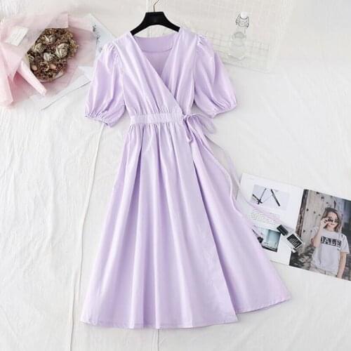 Women Elegant Long Dress Summer New V-Neck High Waist Slim Purple Lady Office Dress Puff Sleeve Party A-line Dress Vestidos