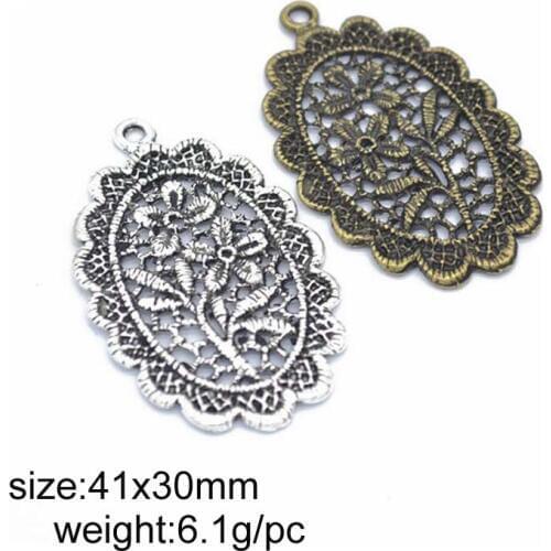 15pcs/lot 41x30mm Antique Silver/ Antique Bronze Plated Alloy Hollow Flower Charms Pendant Fit For Jewelry Findings