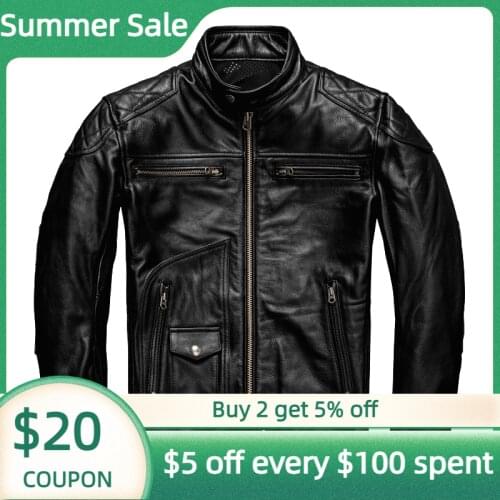 2021 Black Genuine Leather Jacket Men Stand Collar Biker Style Plus Size 5XL Real Natural Cowhide Autumn Short Motorcycle Coat