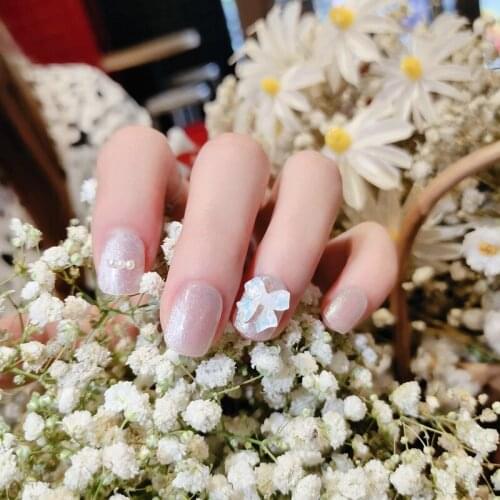 24pcs Bow Fake Nail Patch Glue Type Removable Short Paragraph Fashion Manicure False Save Time Nails Patch SK88