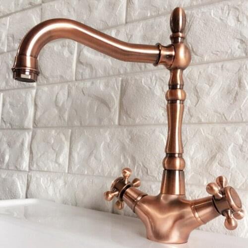 Antique Red Copper Brass Dual Cross Handles Swivel Spout Bathroom Kitchen Basin Sink Faucet Mixer Tap mrg054