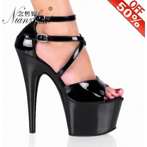 Trend Patent leather Sexy Fetish women sexy high heels platform 17cm High heeled shoes 7 inches Womens sandals Exotic Dancer