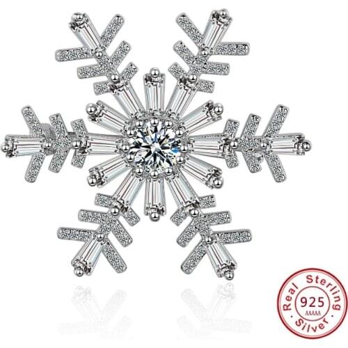 Fashion solid S925 sterling silver jewelry CZ Crystal Big Snowflower Brooches For Women Wedding Clothing Bag Elegant Brooch Pins