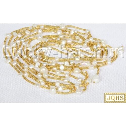 Long 64" Baroque 2piece white freshwater Pearls golden crystal Beaded Strand Necklace j11678