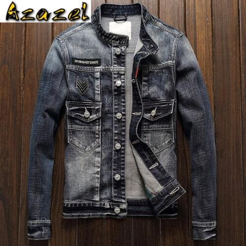 Autumn Spring Locomotive Denim Jacket Male European American Designer Slim Fit Elastic Mens Jeans Jacket Biker Style A212
