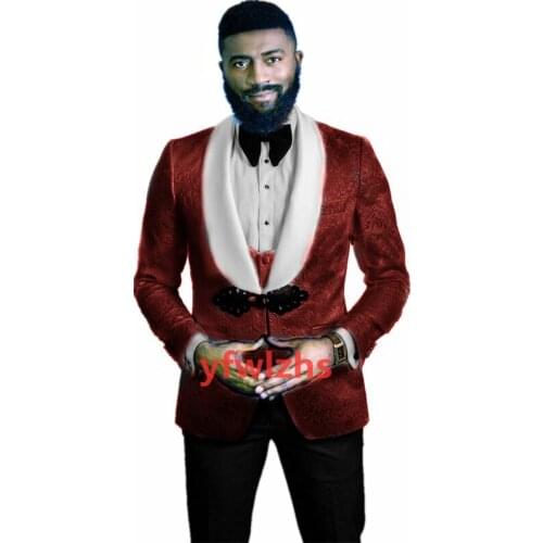 Handsome Embossing Groomsmen Shawl Lapel Groom Tuxedos Wedding Dress Men Suits Blazer Prom Dinner (Jacket+Pants+Tie+Vest) B17